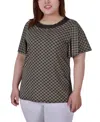 Ny Collection Plus Size Short Sleeve Knit Top With Sheer Inset In Brown