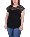 Ny Collection Plus Size Short Sleeve Lace And Crepe Top In Black