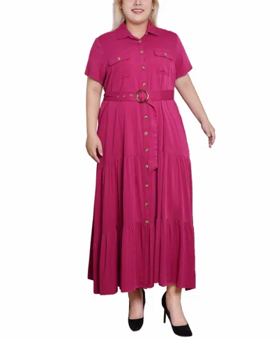 Ny Collection Plus Size Short Sleeve Midi Twill Dress In Festival Fuchsia