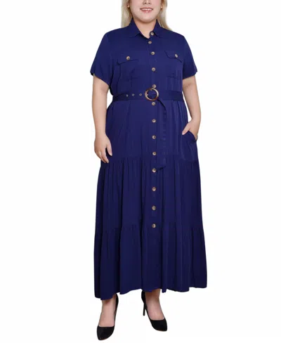 Ny Collection Plus Size Short Sleeve Midi Twill Dress In Navy