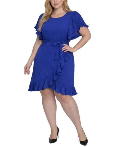 Ny Collection Plus Size Short Sleeve Pleated Ruffle Dress In Blue