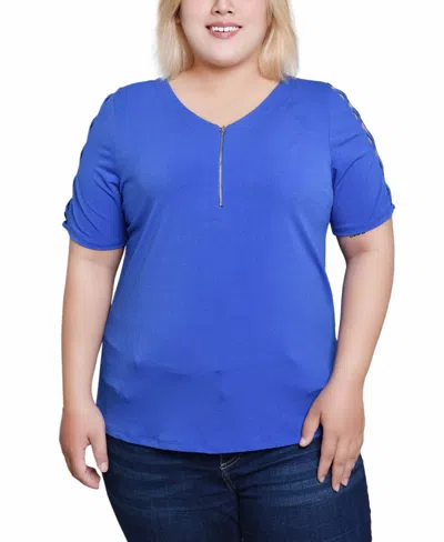 Ny Collection Plus Size Short Sleeve Quarter Zip Top In Dazzling Blue