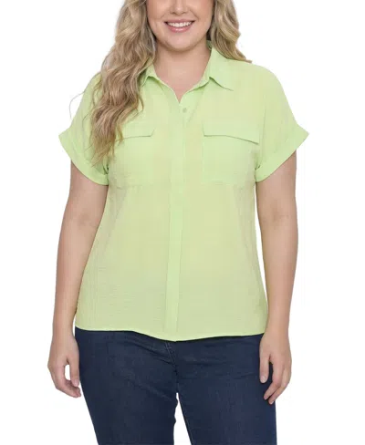 Ny Collection Plus Size Short Sleeve Roll Cuff Blouse In Green