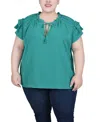 Ny Collection Plus Size Short Sleeve Ruffled Top In Green