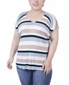 Ny Collection Plus Size Short Sleeve Striped V-neck Top In Turquoise Multi Stripe
