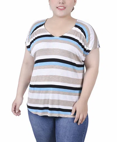 Ny Collection Plus Size Short Sleeve Striped V-neck Top In Turquoise Multi Stripe