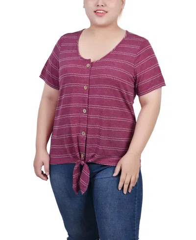 Ny Collection Plus Size Short Sleeve Tie Front Top In Burgundy