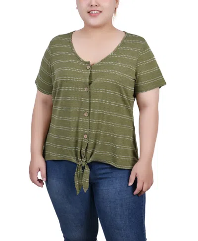 Ny Collection Plus Size Short Sleeve Tie Front Top In Olive
