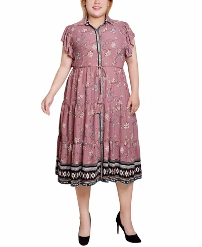 Ny Collection Plus Size Short Sleeve Tiered Border Print Dress In Mauve Floral