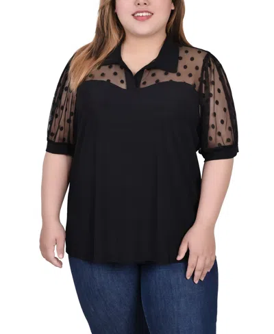 Ny Collection Plus Size Short Sleeve Top With Dotted Mesh In Black
