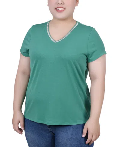 Ny Collection Plus Size Short Sleeve Top With Stone Details In Green