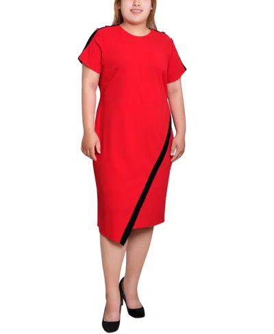 Ny Collection Plus Size Short-sleeve Assymetrical Hem Dress In Red
