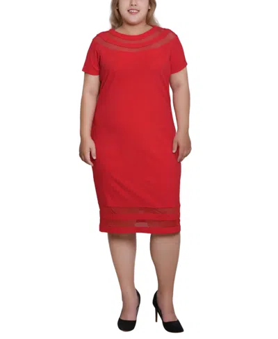 Ny Collection Plus Size Short-sleeve Dress With Mesh Insets In Red