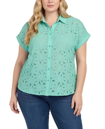 Ny Collection Plus Size Short-sleeve Eyelet Top In Green