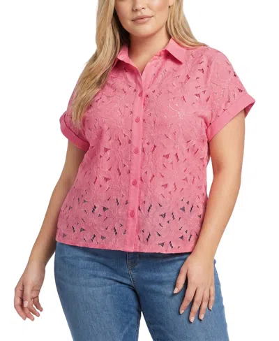 Ny Collection Plus Size Short-sleeve Eyelet Top In Pink