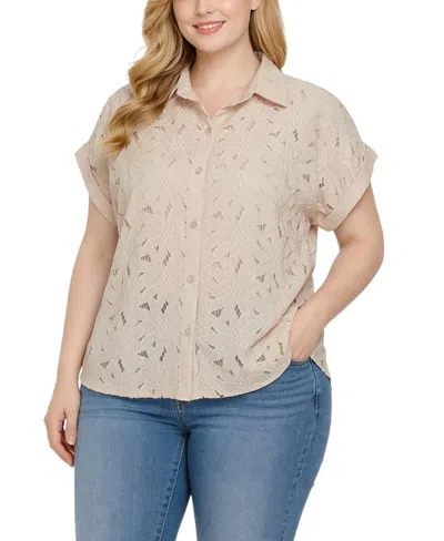 Ny Collection Plus Size Short-sleeve Eyelet Top In Neutral