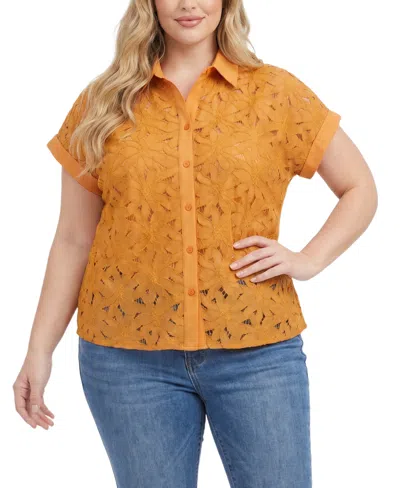Ny Collection Plus Size Short-sleeve Eyelet Top In Yellow