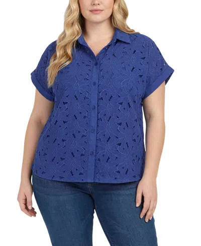 Ny Collection Plus Size Short-sleeve Eyelet Top In Blue