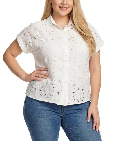 Ny Collection Plus Size Short-sleeve Eyelet Top In White
