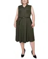 Ny Collection Plus Size Sleeveless Belted A-line Dress In Oil Green