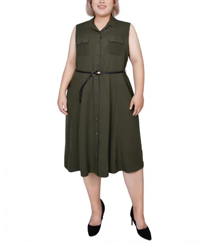 Ny Collection Plus Size Sleeveless Belted A-line Dress In Oil Green