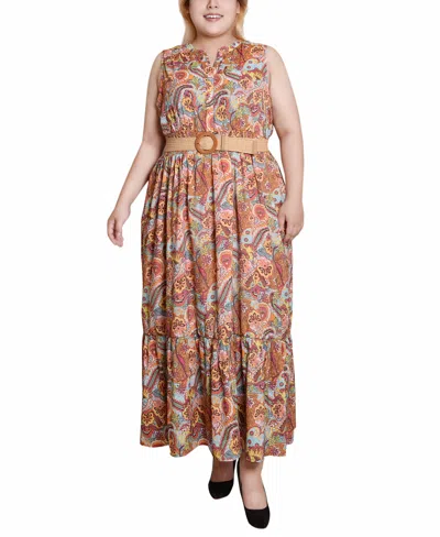 Ny Collection Plus Size Sleeveless Belted Midi Dress In Orange Mint Vines