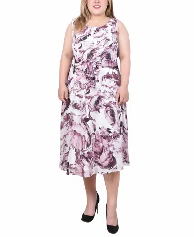 Ny Collection Plus Size Sleeveless Chiffon Belted Dress In Sage Mauve Floral