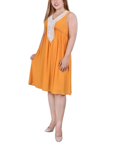 Ny Collection Plus Size Sleeveless Crochet Detail Dress In Brown