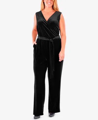 Ny Collection Plus Size Sleeveless Faux-wrap Velvet Jumpsuit In Jet Black