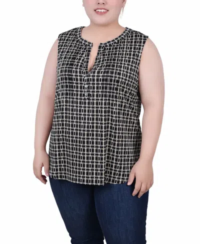 Ny Collection Plus Size Sleeveless Knit Y Neck Top In Black Doeskin Greek Key