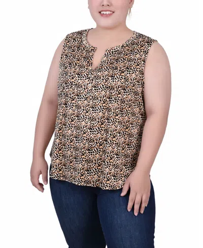 Ny Collection Plus Size Sleeveless Knit Y Neck Top In Gold Black Animal