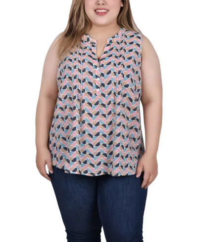 Ny Collection Plus Size Sleeveless Pintucked Blouse In Pink Black Blue Half Moon