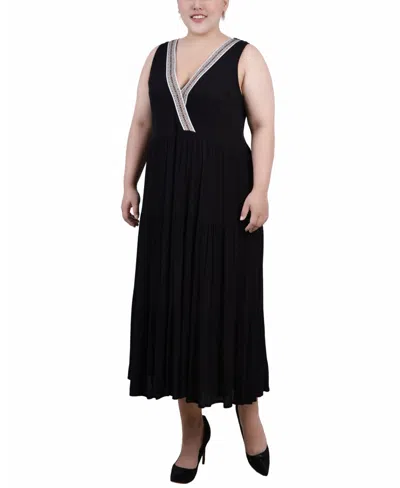Ny Collection Plus Size Sleeveless Surplice Tiered Dress In Black