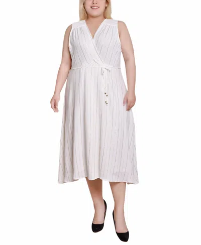 Ny Collection Plus Size Sleeveless Surplice Vertical Stripe Dress In White Gold