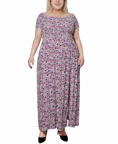 Ny Collection Plus Size Smocked Bodice Maxi Dress In Ivory Ditsy Floral