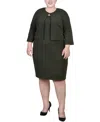 Ny Collection Plus Size Textured 3/4 Sleeve Two Piece Dress Set In Olive