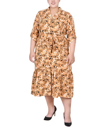 Ny Collection Petite Long Sleeve Tiered Dress With Belt In Black,gold-tone White