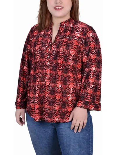 Ny Collection Plus Womens Beaded V Neck Blouse In Multi