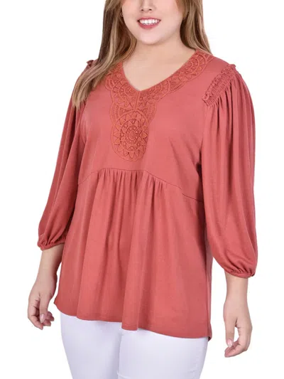 NY COLLECTION PLUS WOMENS LACE V NECK PEASANT TOP
