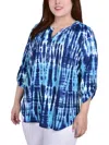 Ny Collection Plus Size Knit 3/4 Sleeve Roll Tab Top In Multi