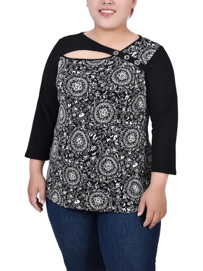 Ny Collection Plus Womens Printed Grommet Blouse In Black