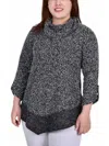 Ny Collection Plus Size Long Roll Tab Sleeve Nubby Cowl Neck Top In Black