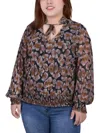 Ny Collection Plus Size Long Sleeve Sheer Smocked Hem Top In Black
