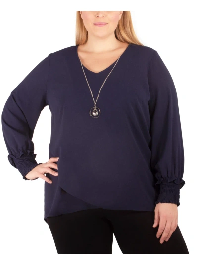 Ny Collection Plus Womens V-neck Long Sleeves Blouse In Blue