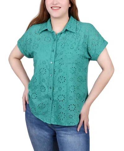 Ny Collection Petite Short Sleeve Eyelet Knit Back Blouse In Green