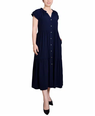 Ny Collection Short Sleeve Slubbed Midi Dress In Navy