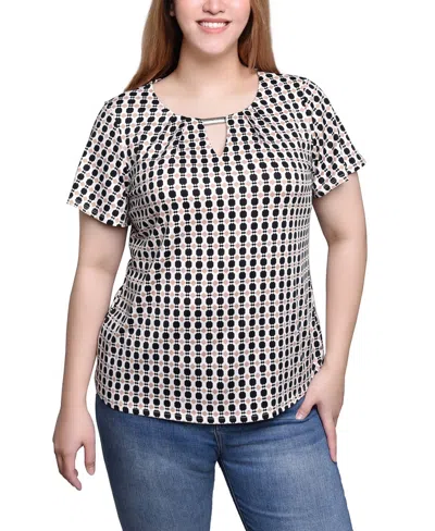Ny Collection Short Sleeve Top With Hardware In Black Beige Geometric