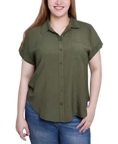 Ny Collection Short Sleeve Woven Front-jersey Back Top In Cypress