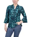 Ny Collection Petite 3/4 Bell Sleeve Printed Pleat Front Y-neck Top In Dark Teal Skin