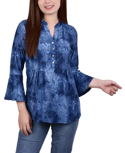 Ny Collection Women's 3/4 Bell Sleeve Pleat Front Y-neck Top In Denim Tie Dye